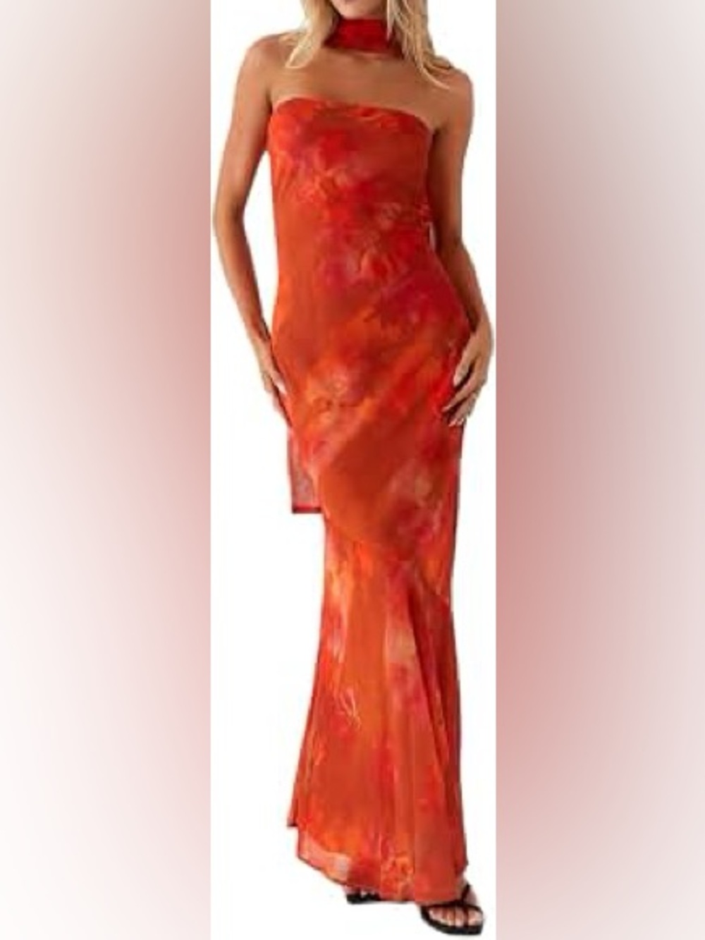 Strapless Red-Orange Evening Gown with neck Scarf